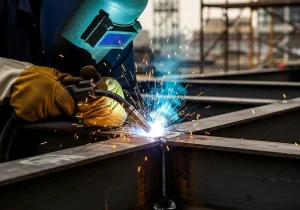 Welder konstruksi baja sedang mengelas rangka baja memakai helm dan sarung tangan melatih sambungan kuat rapi.